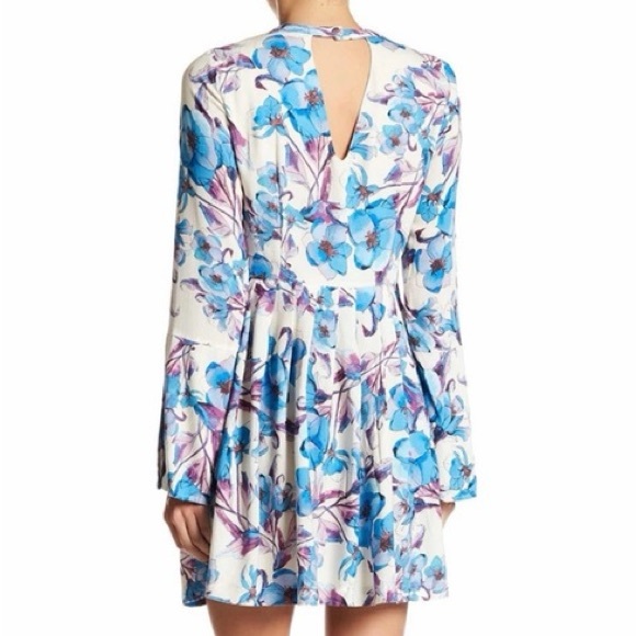 Free People Teagan Floral Blue Purple Boho Double V Cutout Mini Dress - Picture 2 of 14